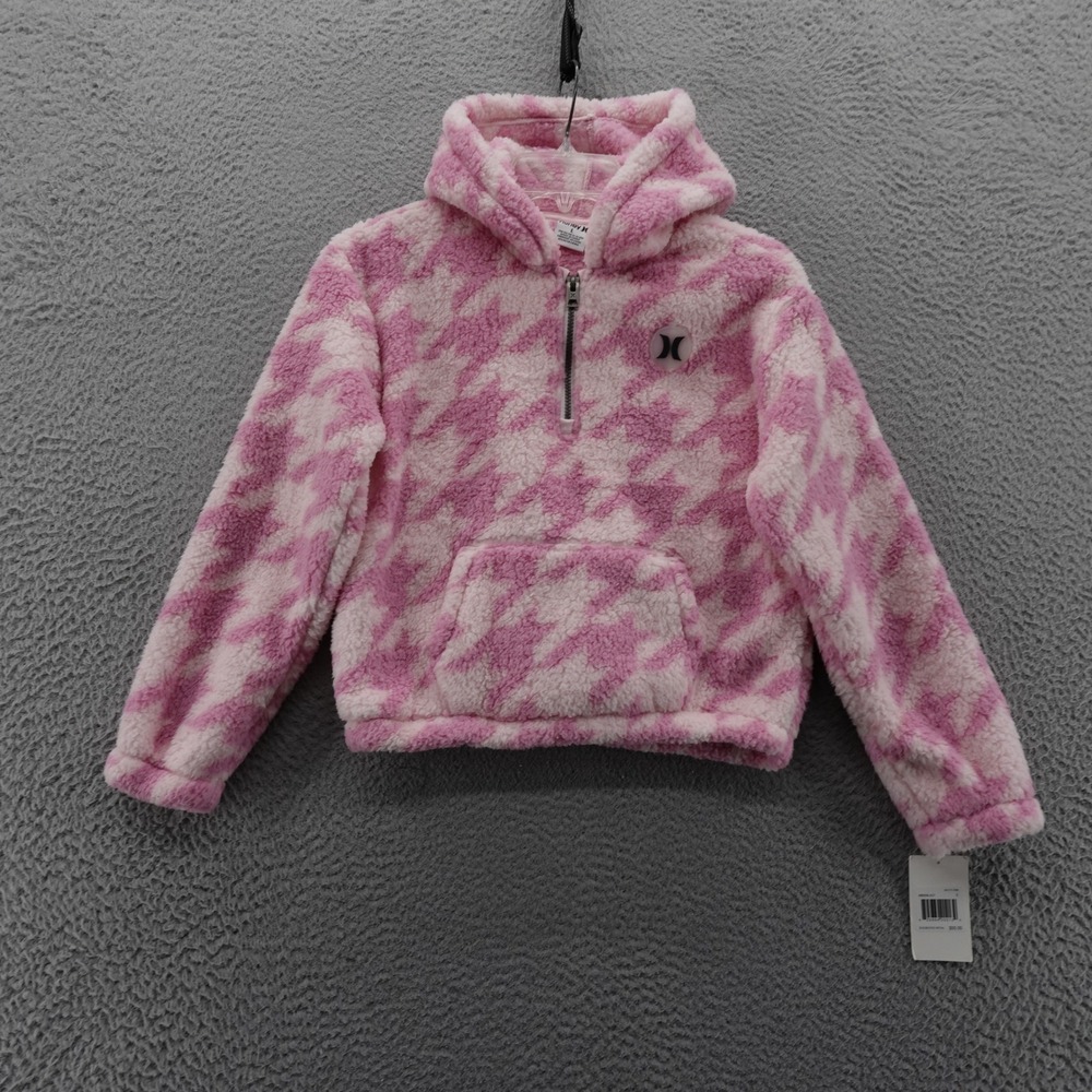 Hurley Girls Pink White Houndstooth Sherpa Fleece Quarter Zip Hoodie Large NEW